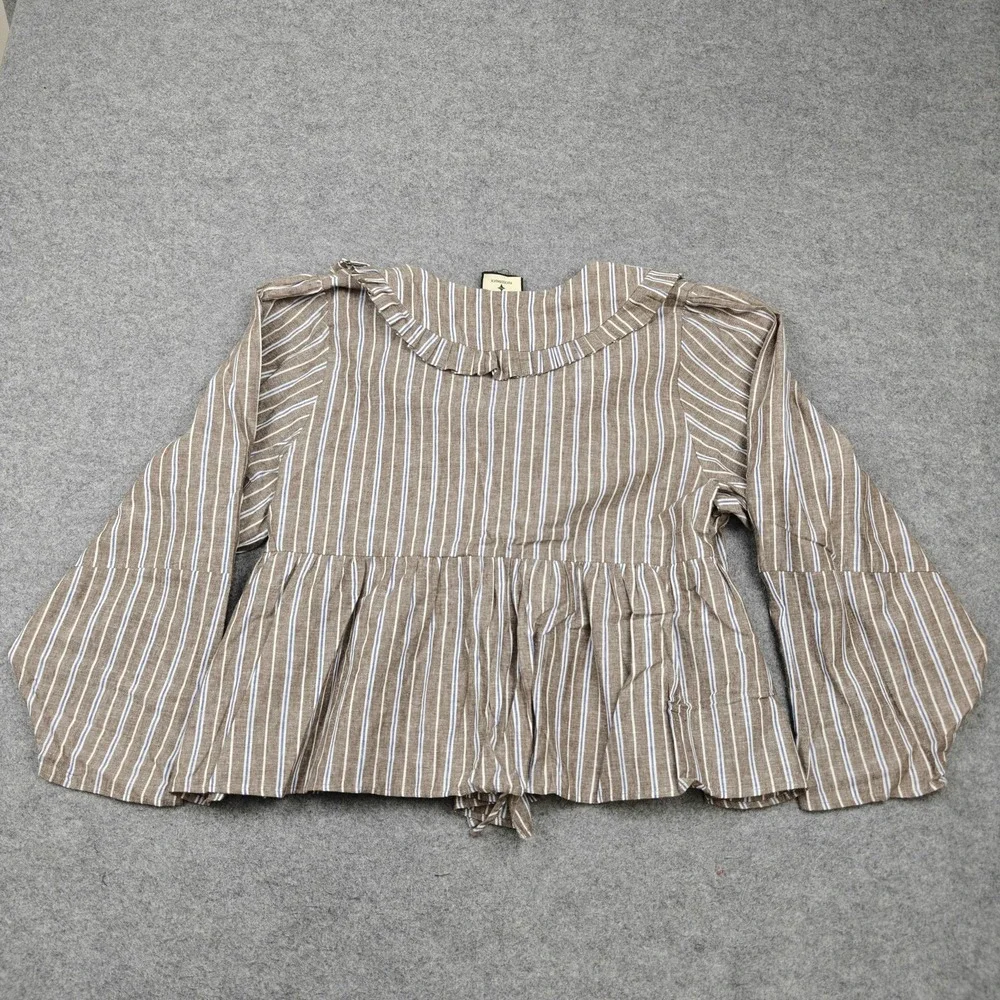 Tuckernuck Blouse Womens XL Brown Stripe Ruffle V Neck Tie Waist Peplum Top - Picture 8 of 11